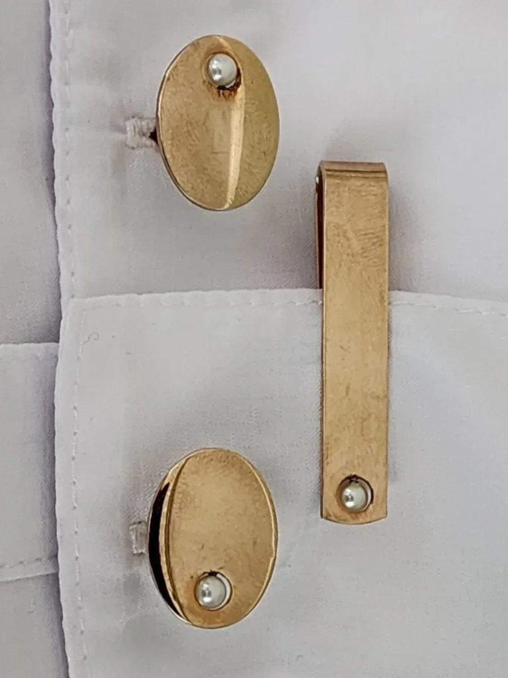 Vintage A&Z 12 K Gold Filled Cufflinks & Tie Clip Set with Faux Pearl Accents